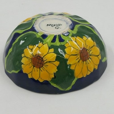 Mexican Folk Art Pottery Serving Bowl 8”x3" Talavera Sunflowers and Leaf Design