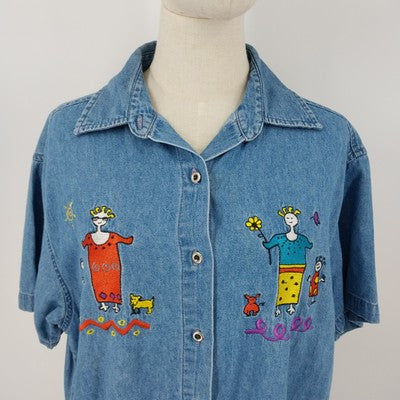Very Important Pieces Women Denim Embroidered Whimsical Shirt Short Sleeve Large