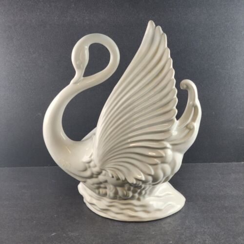 White Ceramic Swan Planter by Maddux of CA 1950s Bracket for Adding Light 12"h