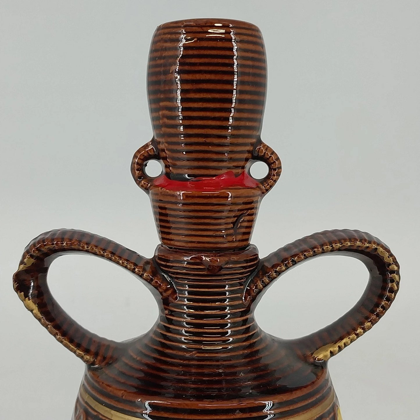 Japanese Brown Rickshaw Decanter Saki Shot Stopper Ceramic Hand Painted Barware