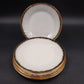 4 Fire-King Anchor Hocking White Swirl Milk Glass Salad Plates Gold Trim USA Vtg