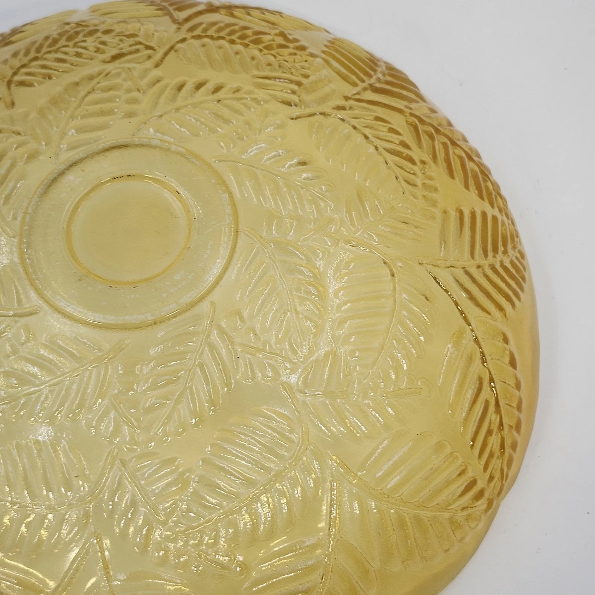 Amber Glass Serving Bowl Embossed Fern Leaf Pattern Scalloped Rim 13" Vintage