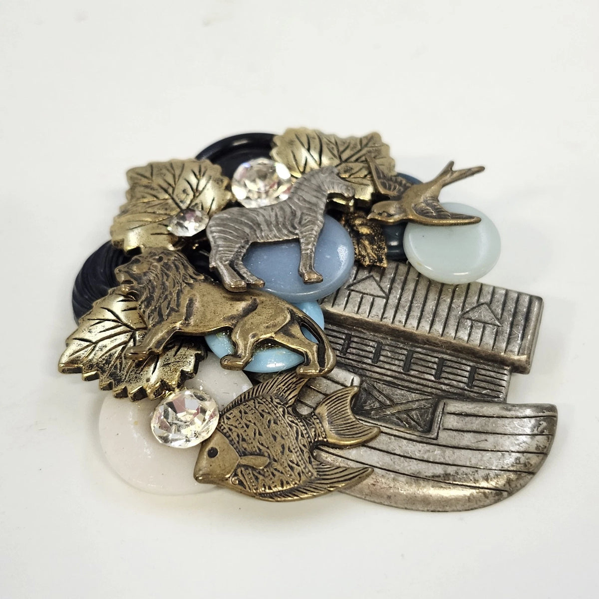 Assemblage Brooch Noah's Ark Zebra Lion Bird Fish Rhinestones Vintage Style 2"