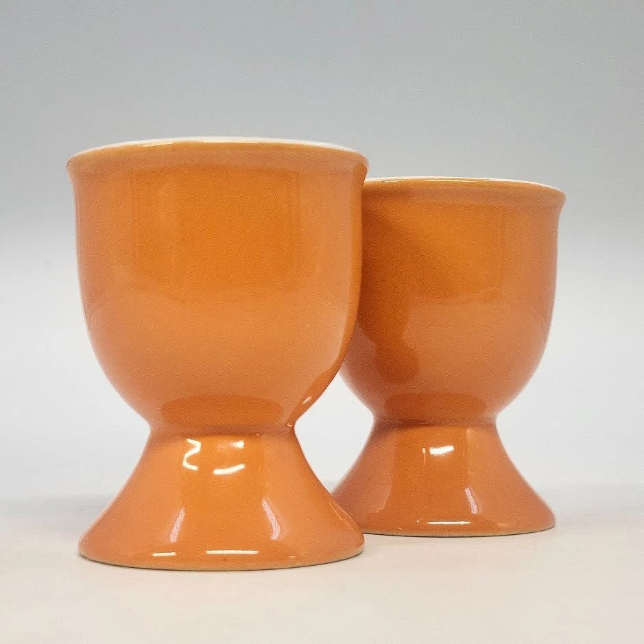 Pair Orange Ceramic Egg Cups 2" Pedestal Chalice White Interior Kitchen MCM