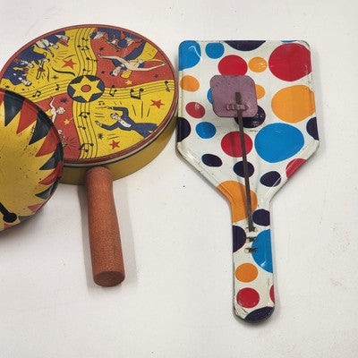 Set of 4 Vintage Metal Tin Noisemakers Birthday Party New Year’s Sports Theme