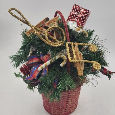 Pine Basket Christmas Centerpiece 15" Pinecone Greenery w Gifts & Music Symbols