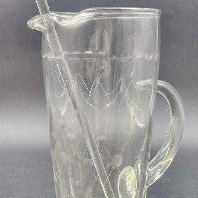 Etched Clear Glass Martini Pitcher 1 Qt w/ Stirrer Fused Handle 8"