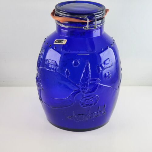 Rosenthal Netter Italian Cobalt Blue Large Round Mason Jar Farming Scene 10.5"h