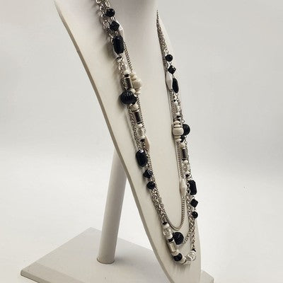 Silver Tone Chains w Black White & Silver Tone Beads Three Strand Necklace 17"