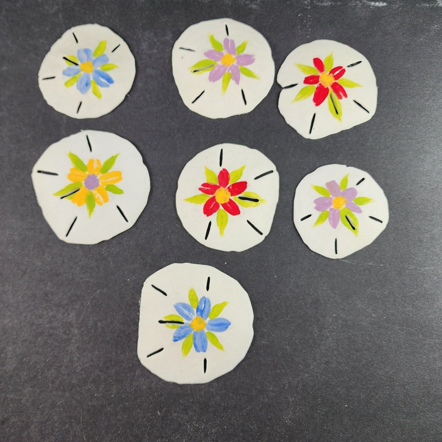 7 Hand Painted Sand Dollars Simple Flowers Sizes 3" to 3.5" Across Vintage