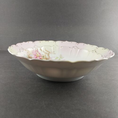 Scalloped Floral Serving Bowl Yellow Pink Hue Gold Hand Painted Leaves Trim Vtg