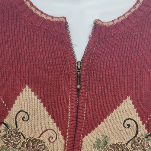 Red Closed Knit Zip Up Cardigan W Birds/Flower Pattern Petite NOS Croft&Barrow