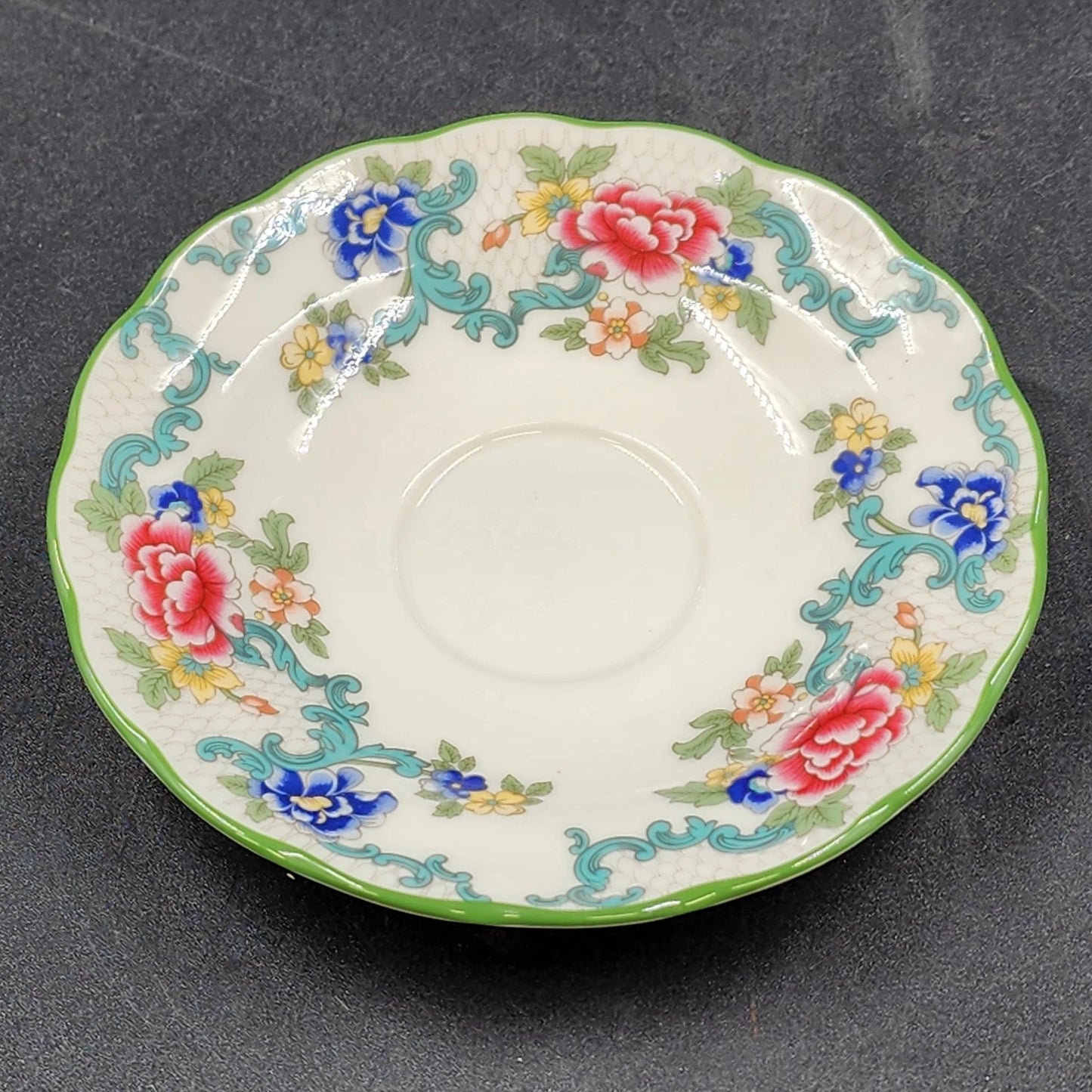 Royal Doulton Floradora Cup Saucer Fine China Floral Green Trim Scalloped 5.75"