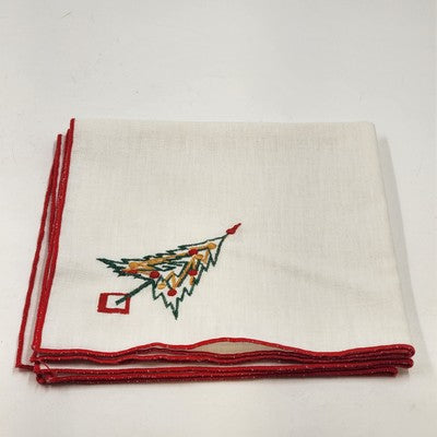 Set of 6 White Christmas Napkins 16" Red Hem Embroidered Holiday Designs
