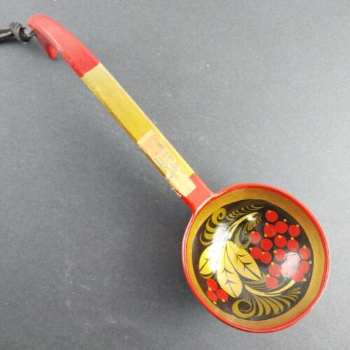 Russian Ladle Hand Painted Art Berry Khokhloma Carved Large Wood Spoon USSR Made