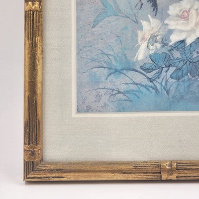 Framed Asian Silk Painting Birds & Flowers 13x17 Faux Bamboo Frame 1993