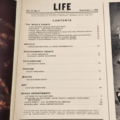 Life Magazine September 1 1947 Joh Cobb and Racing Car plus Baseball & Football