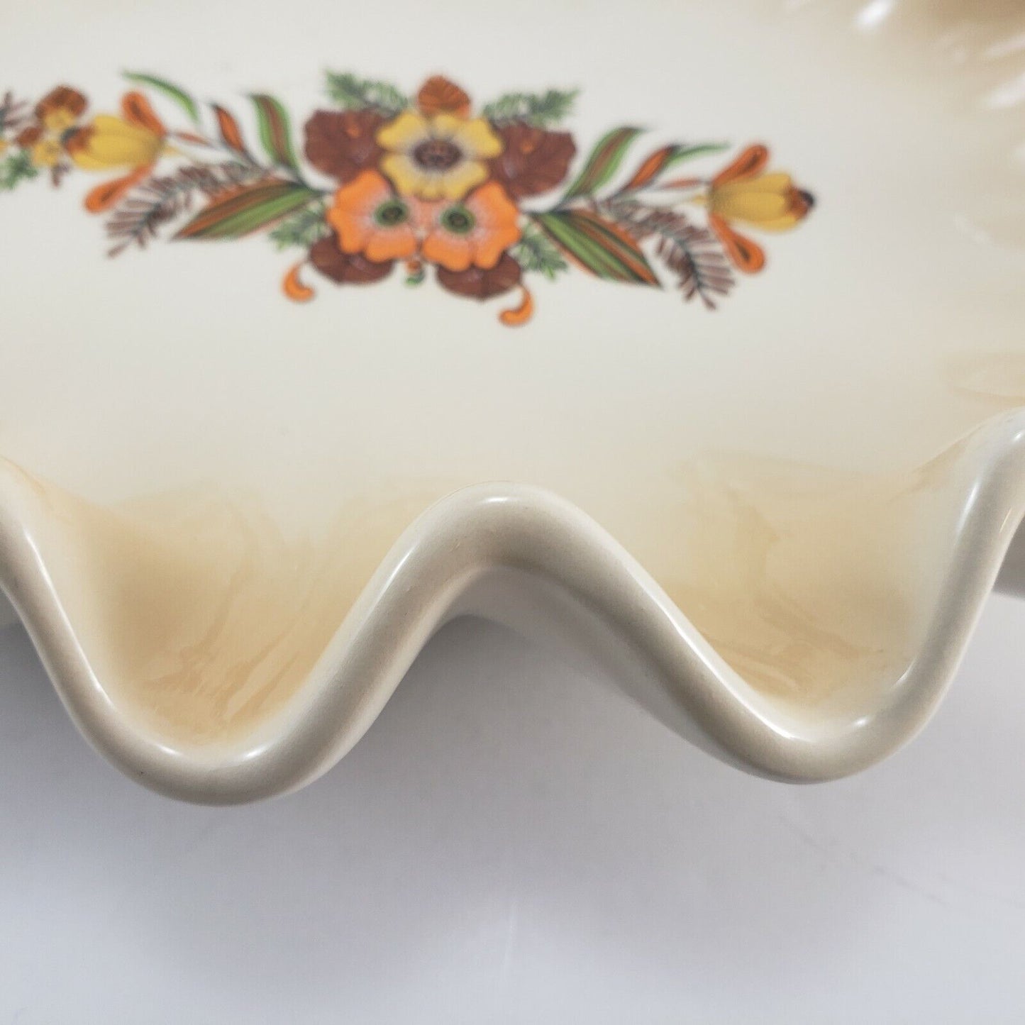 Vintage Ruffled Edge Ceramic Bowl 12 Inch Autumn Floral