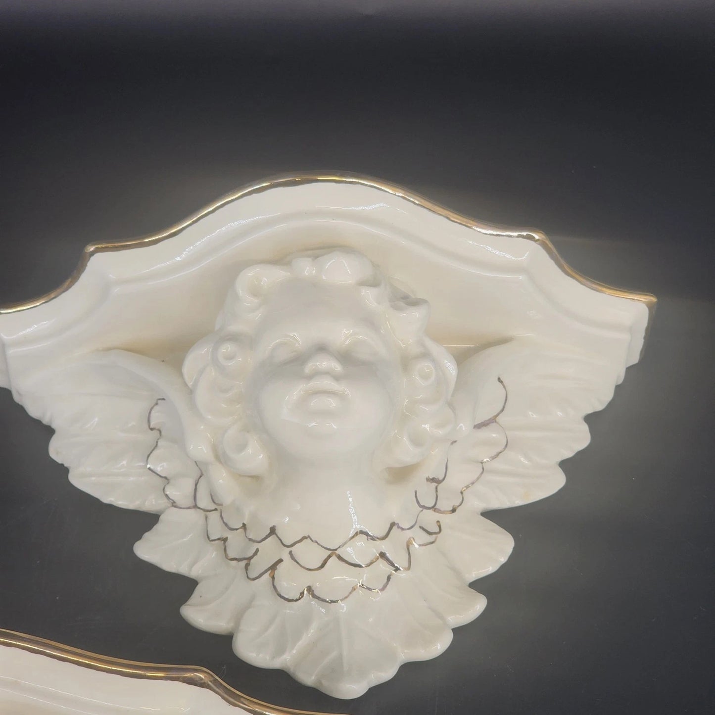 Cherub Ceramic Wall Shelves 2pc Set White Gold Trim Angel Display Decor