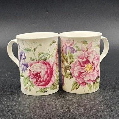 2 Crown Trent Coffee Mug Tea Cups Pink Peony & Pink Roses Bone China England
