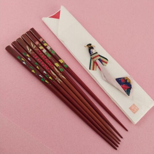 3 pr Chopsticks Square Japanese Lacquerware Brown Floral Geometric Pattern