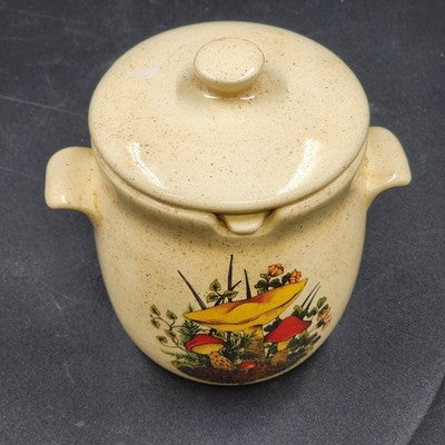 Ceramic Grease Drippings Jar w Lid Strainer Mushroom Homemade Pottery 1981 Vtg