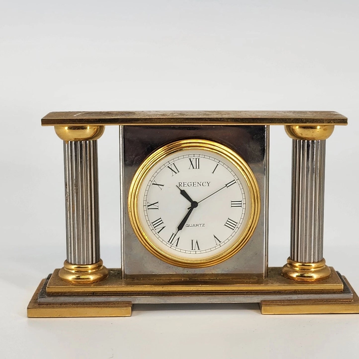 Regency Quartz Desk Mantel Clock Two Tone Gold Silver 5" Long Repair/Parts Only