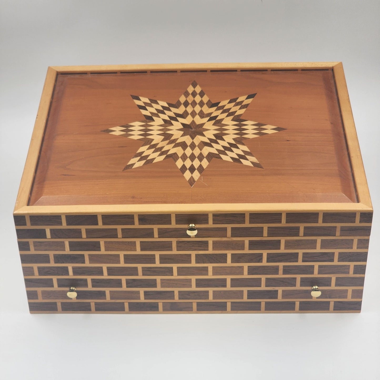 Thuya Moroccan Wood Large Jewelry Box – Handmade 17” Brick Design with Starburst Inlay Lid – Green Felt Lined – Artisan Keepsake Storage Chest