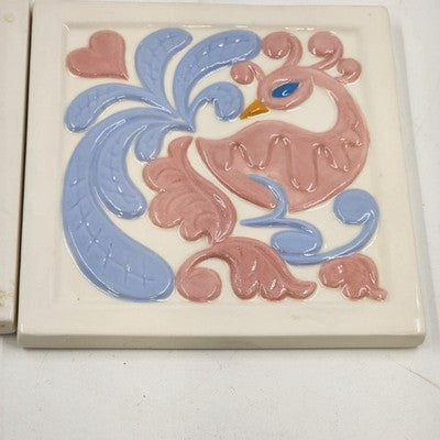 Pair of Pink and Blue on White Peacock Art Tile Trivets Hand Painted 6" x 6" MCM