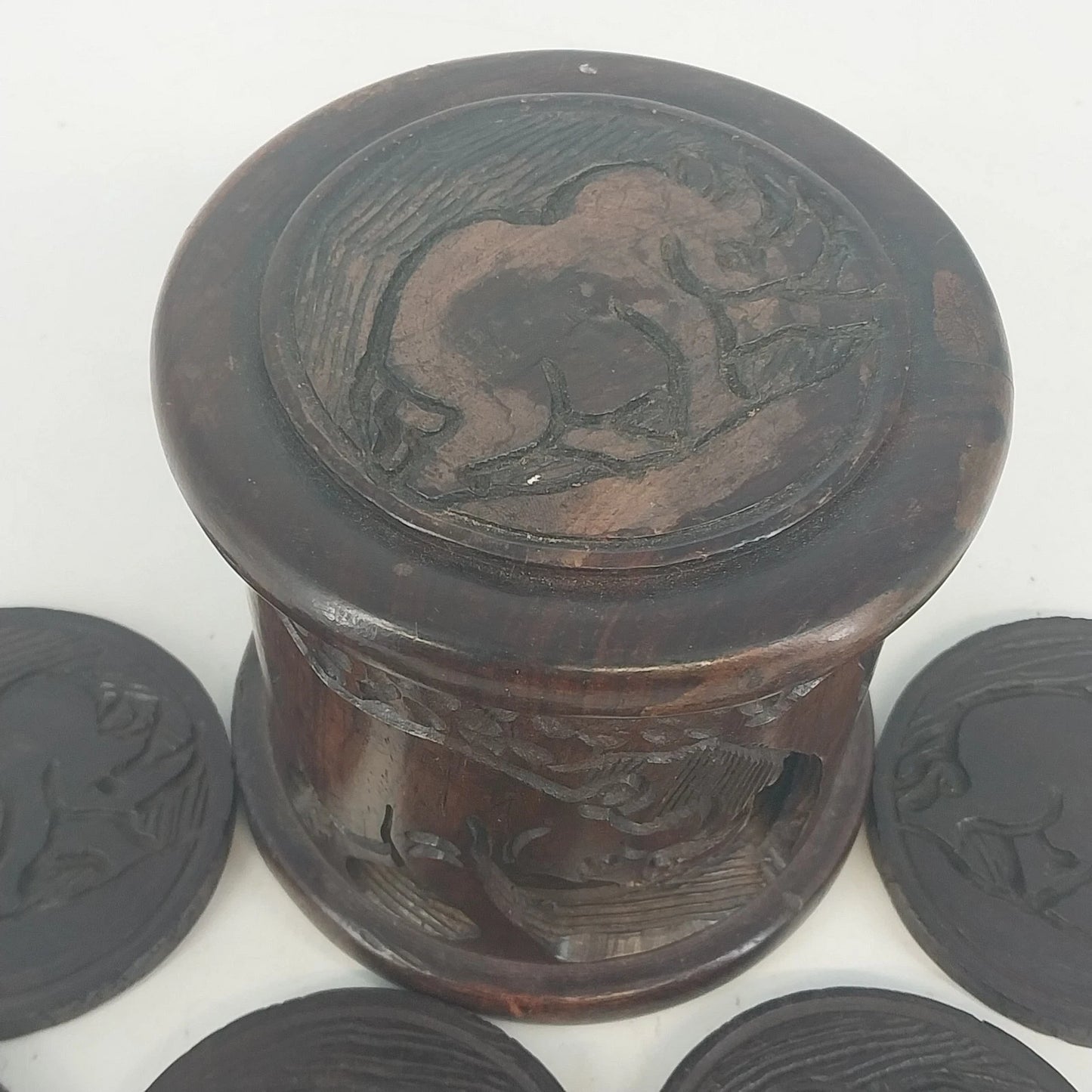 Hand Carved Wood Elephant Coaster Storage & Lid Set African Safari Barware Vtg