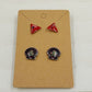 Set of 2 Stud Earrings Gold & Silver Tone Floral Shell Red Triangle Vtg