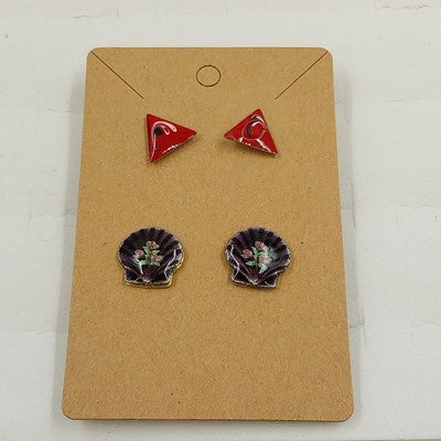 Set of 2 Stud Earrings Gold & Silver Tone Floral Shell Red Triangle Vtg