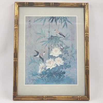 Framed Asian Silk Painting Birds & Flowers 13x17 Faux Bamboo Frame 1993