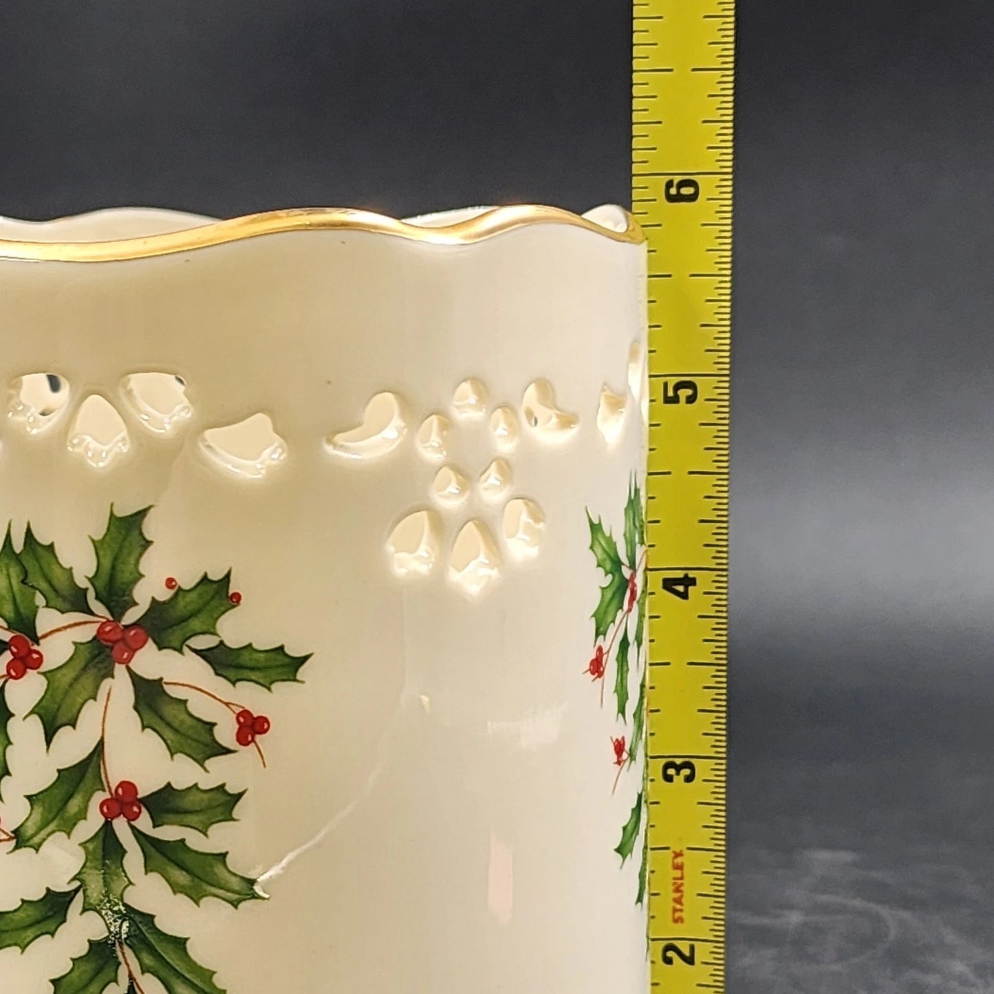 Lenox Pierced Holly Votive Candle Holder Vase Holiday Dimension Ivory Porcelain