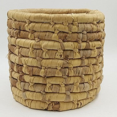 Woven Maize Corn Husk Reed Round Basket Planter Hand Made Craft 12"x11" Vintage