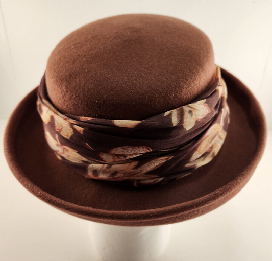 Arlin Brown 100% Wool Hat Church Derby with Leaf Print Scarf Hatband Vintage
