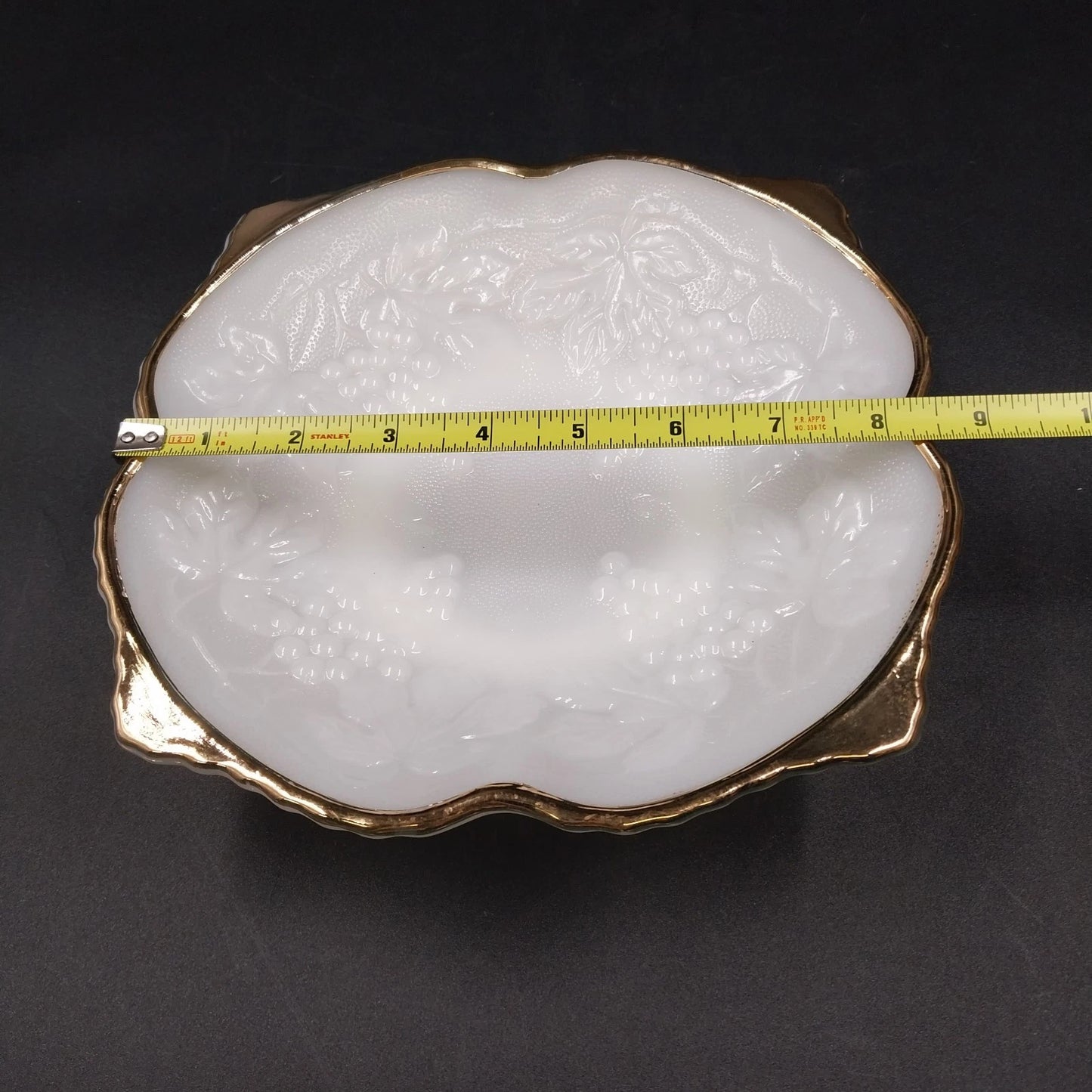 Anchor Hocking Milk Glass Serving Bowl Raised Grape & Leaf Motif Gold Trim 8.5"