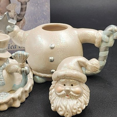 4 Piece Mini Tea Set Cracker Barrel Santa & Snowman Christmas Holiday Glitter