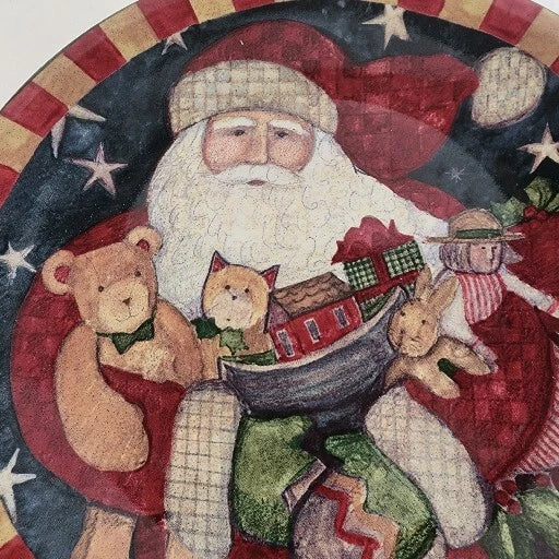 Christmas Plate 8" By Susan Winget Santa with Teddy Bear & Toys Red Tan Border
