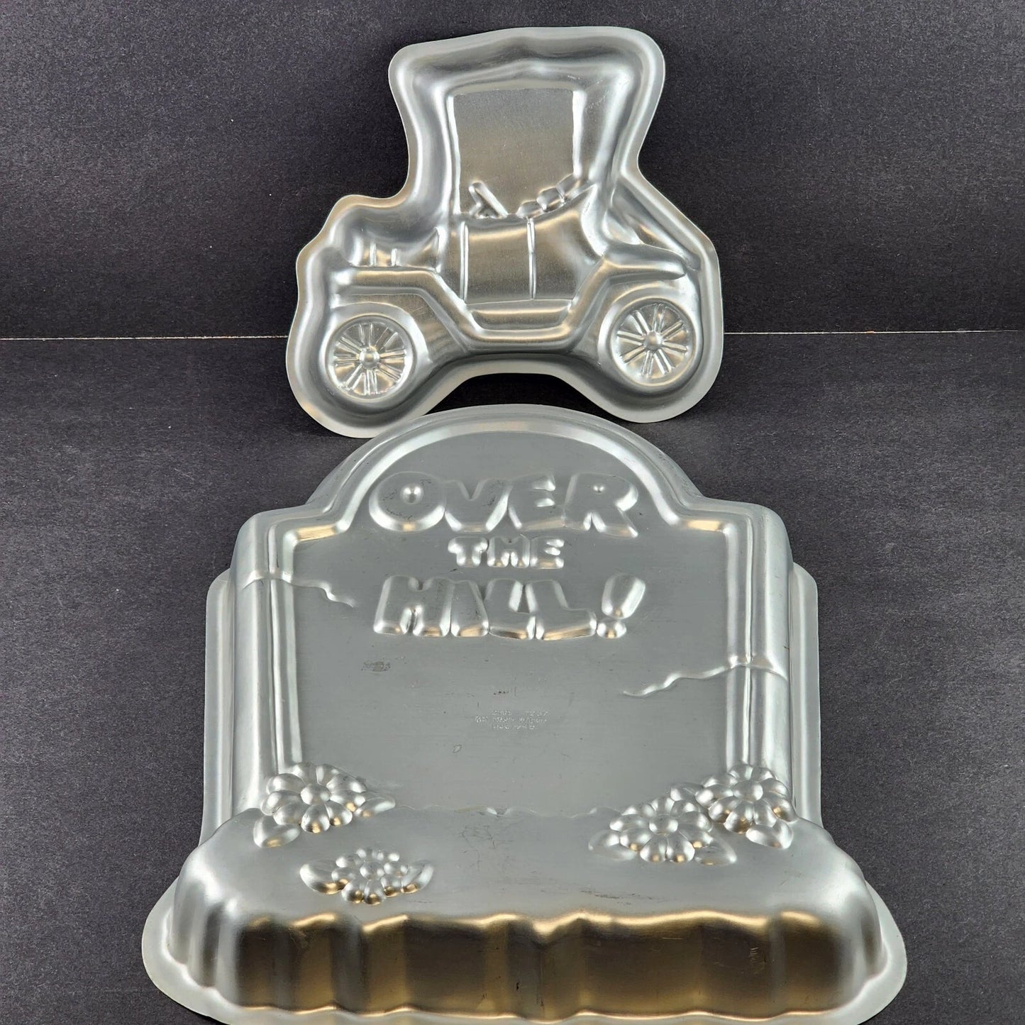 2 Wilton Cake Pans 1976 Model T Car & 1995 Over the Hill Tombstone Molds Vintage