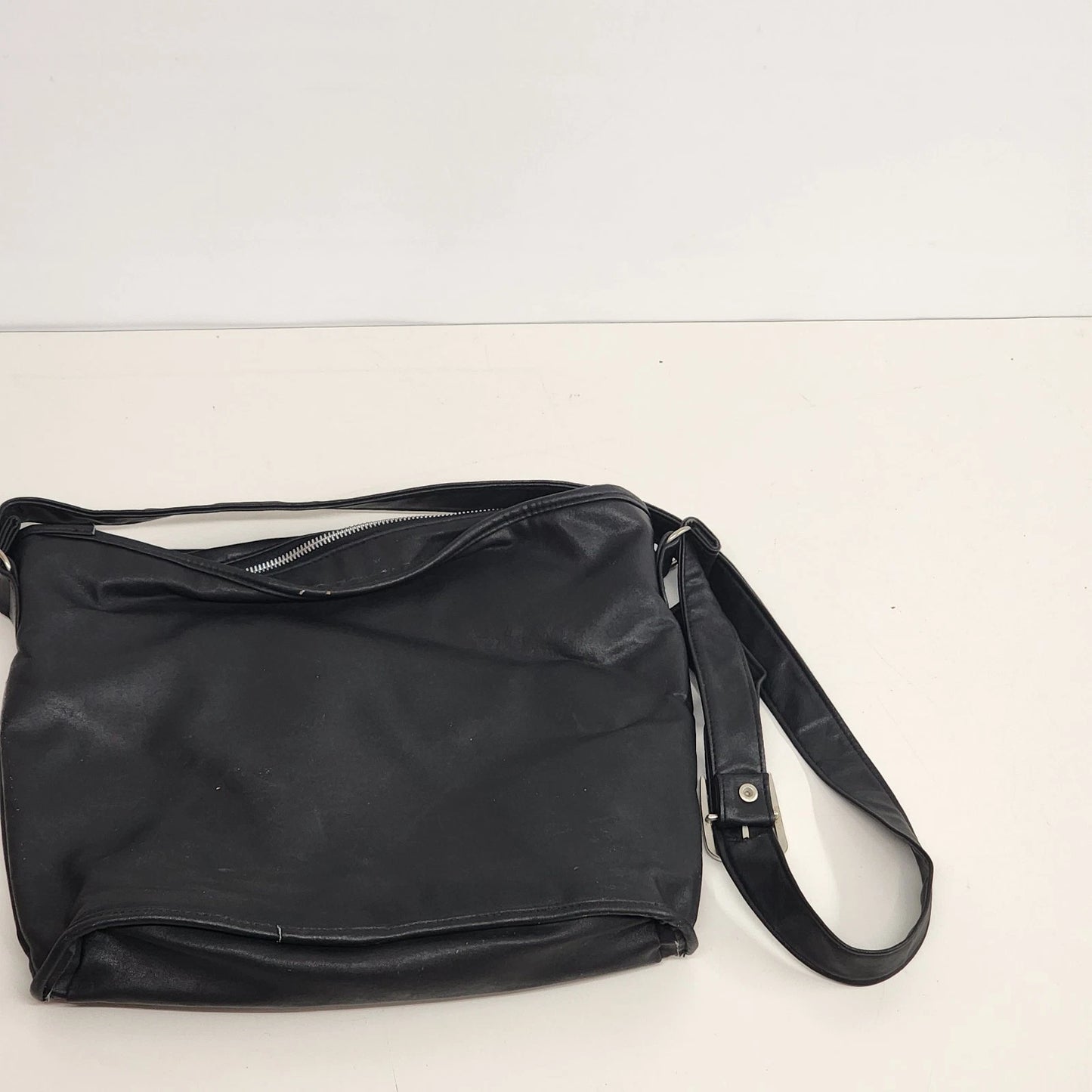 MHNY Black Leather Crossbody Satchel Three Compartment Purse