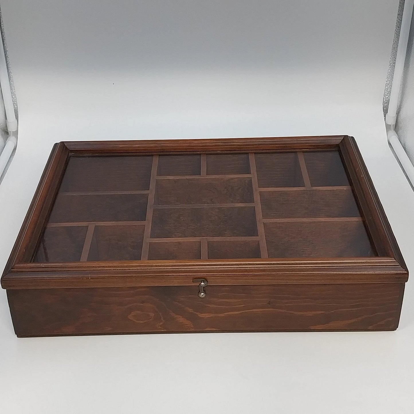 Wood Shadow Box Display Case Glass Door 14 Cubbies Wall Mount 16" Vintage