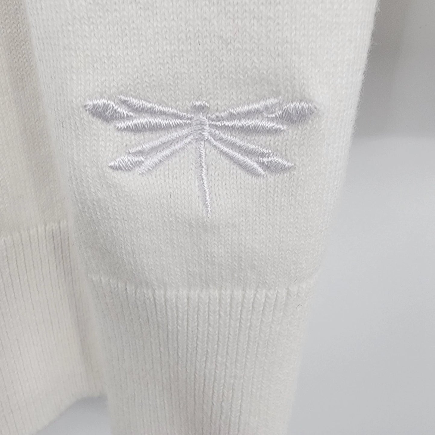 Talbots Petites Medium Pima Cotton White Cardigan Dragonfly Embroidered Sweater