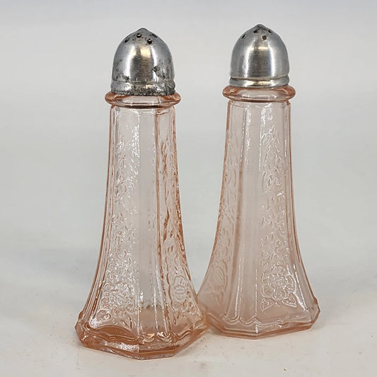 Anchor Hocking Mayfair Open Rose Pink Depression Glass Salt Pepper Set 4.5" 1940