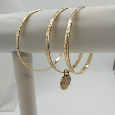 Three Set of Jewelry Bangles Thin Bracelets Gold Tone One with Gold Disc Dangle
