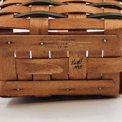 Longaberger Handwoven Basket Green Stripes Vintage 1993 Wood Handle 7"x5"