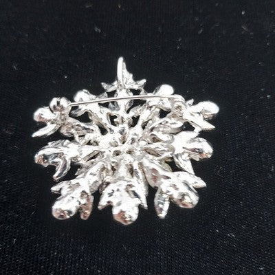 Silver Tone & Crystal Clear Rhinestone Flower with Leaf Large Brooch Pendant Pin