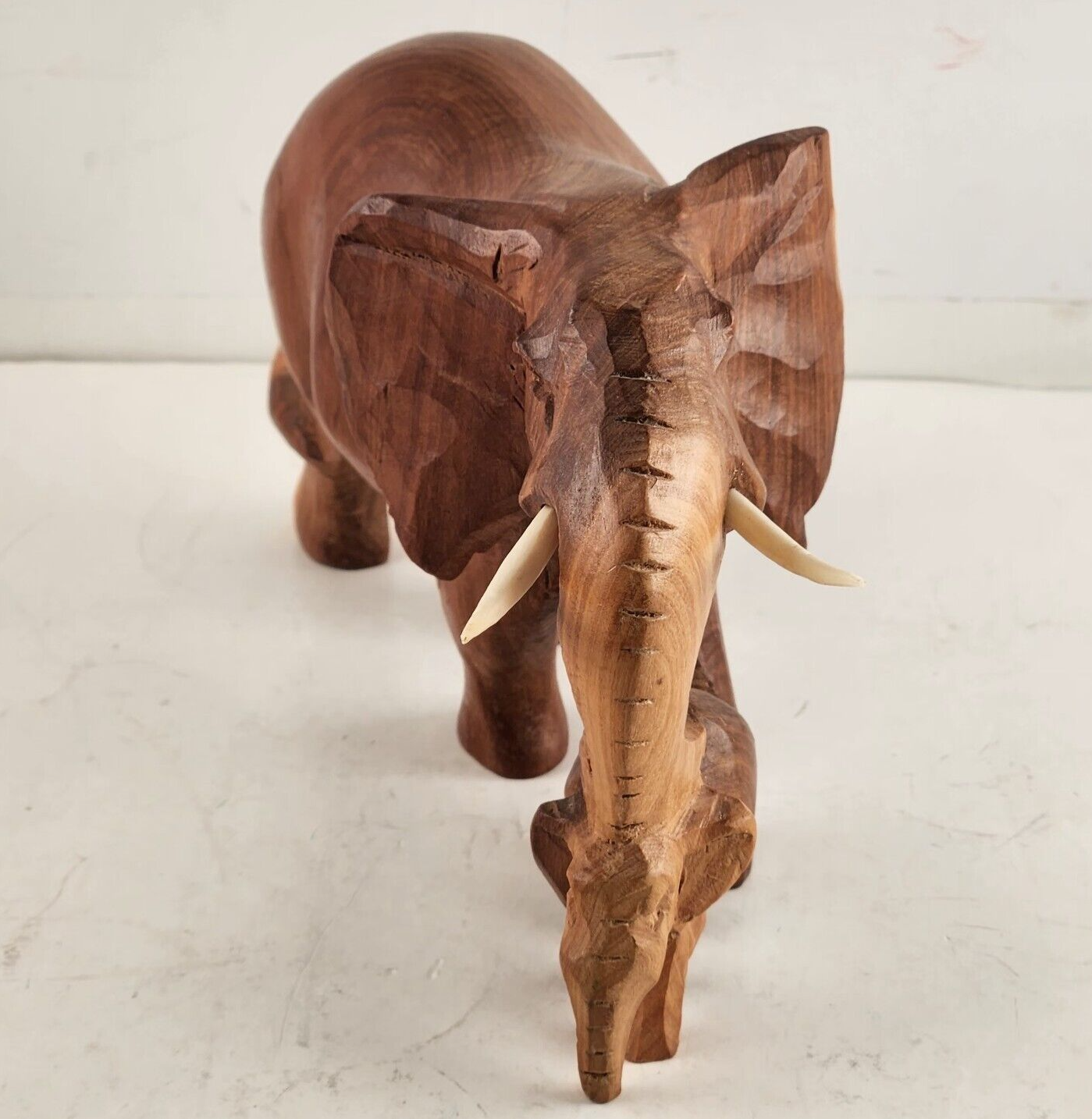 Hand Carved Wood Mother and Baby Elephant Figurine Removable Tusks Kenya 8" Long