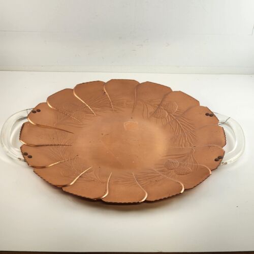 Large 16" Copper Platter Acrylic Handles Petal & Pine Branch Design Scalloped