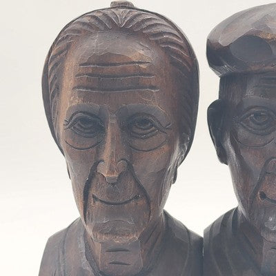 Hand Carved Wood Bookends Man & Woman Bust Folk Art Black Forest Vintage